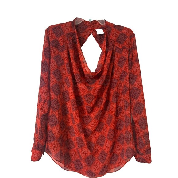 CAbi Red Black Diamond Cut Out Back Cowl Neck Sheer Top Medium (I24) - Picture 1 of 6